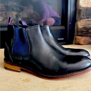 Ted Baker London Black Leather Chelsea Boots with Paisley Side Panel - Size 9